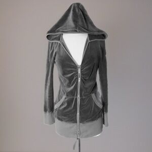 Vintage Juicy Couture velour long dark gray hoodie with 3/4 front zip no logos